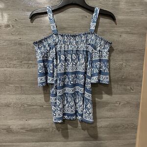 Melloday Open Sleeve Blouse With Adjustable Straps Blue White Floral Stretch Med